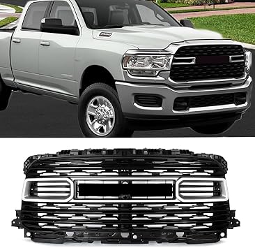 MIC Front Grille Grill with Camera Hole Compatible with 2020-2024 Ram 2500 3500 4500 Horizontal Billet Grille Bright Silver Trim+Gloss Black