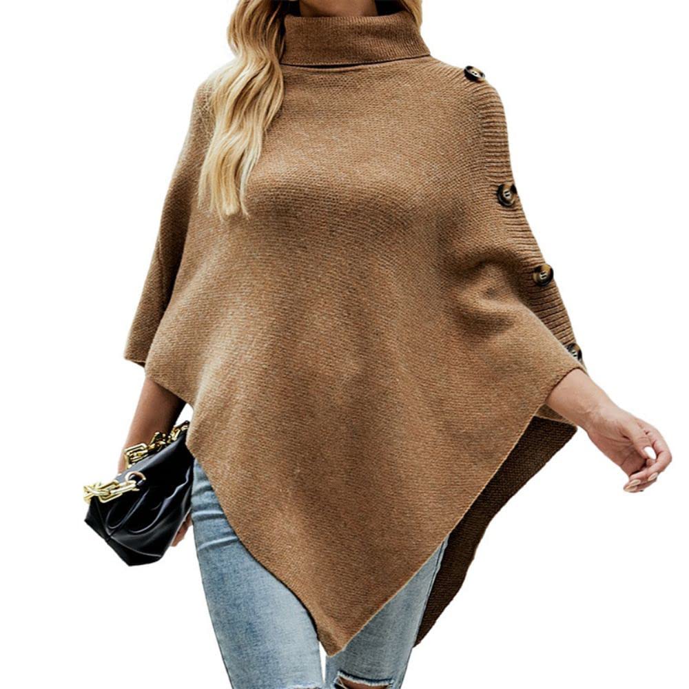 JFAN Poncho para Mujer Elegante Capa de Cuello Alto Jersey de Punto con Cuatro Botones Otoño/Invierno