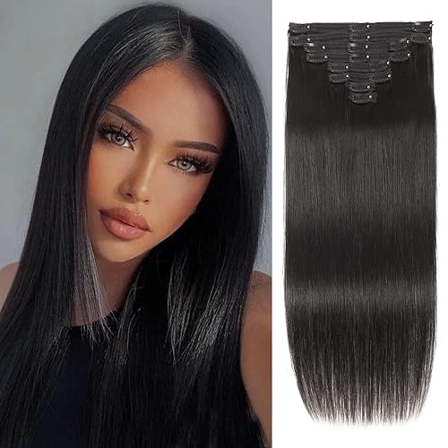 Extensiones de cabello humano real con broches, para mujeres negras, 4.23 oz, cabello virgen brasileño 100% sin procesar, 14 pulgadas, extensiones