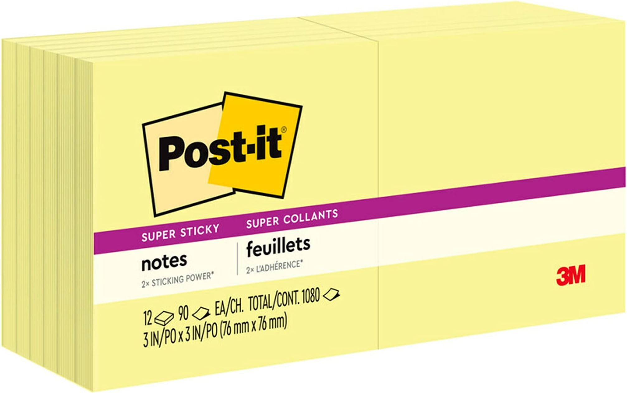 Super Sticky Notes, 12 Sticky Note Pads, 3 x 3 in., School Supplies, Office Products, Sticky Notes for Vertical Surfaces, Monitors, Walls and Windows, Canary Yellow