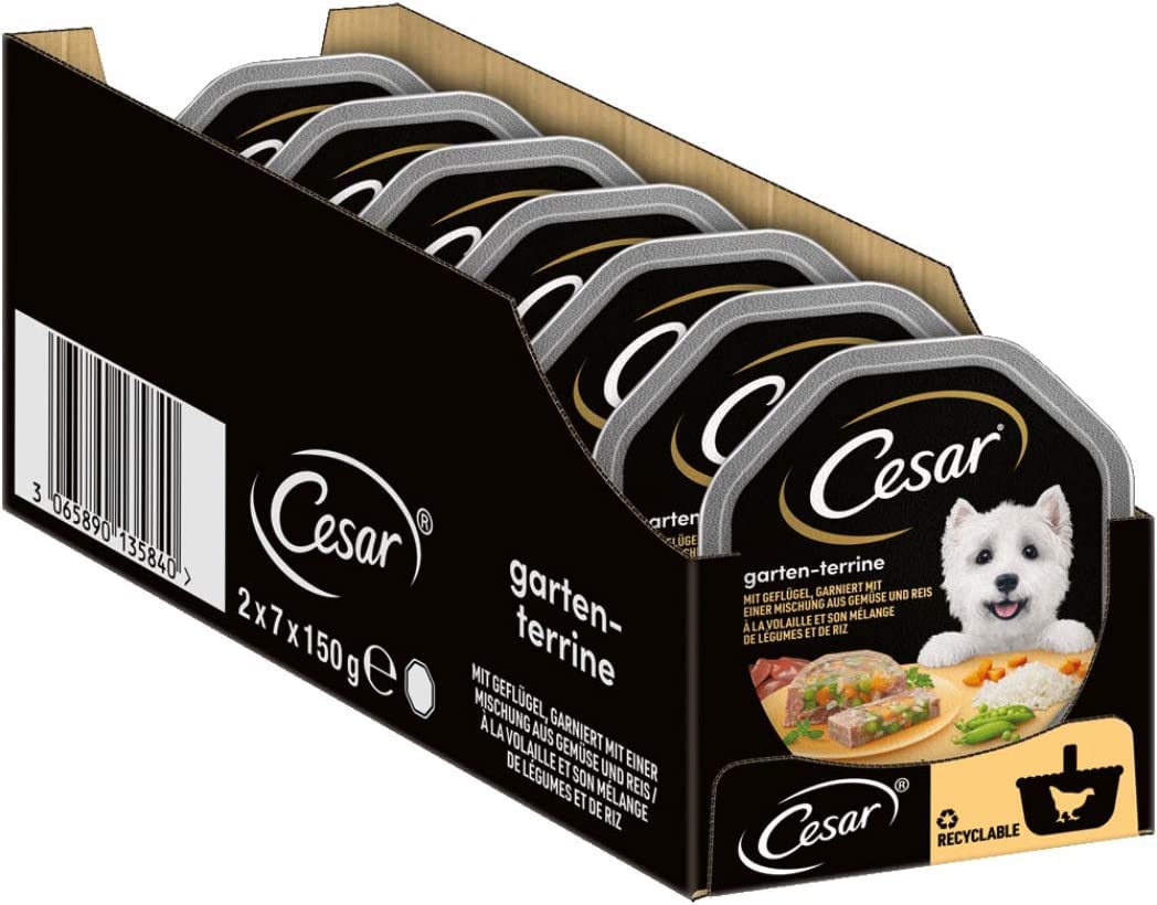 Cesar Hundefutter Nassfutter Gartenvielfalt Geflügel und Gemüse, 7 er Pack, (7 x 2 Schalen x 150 g)