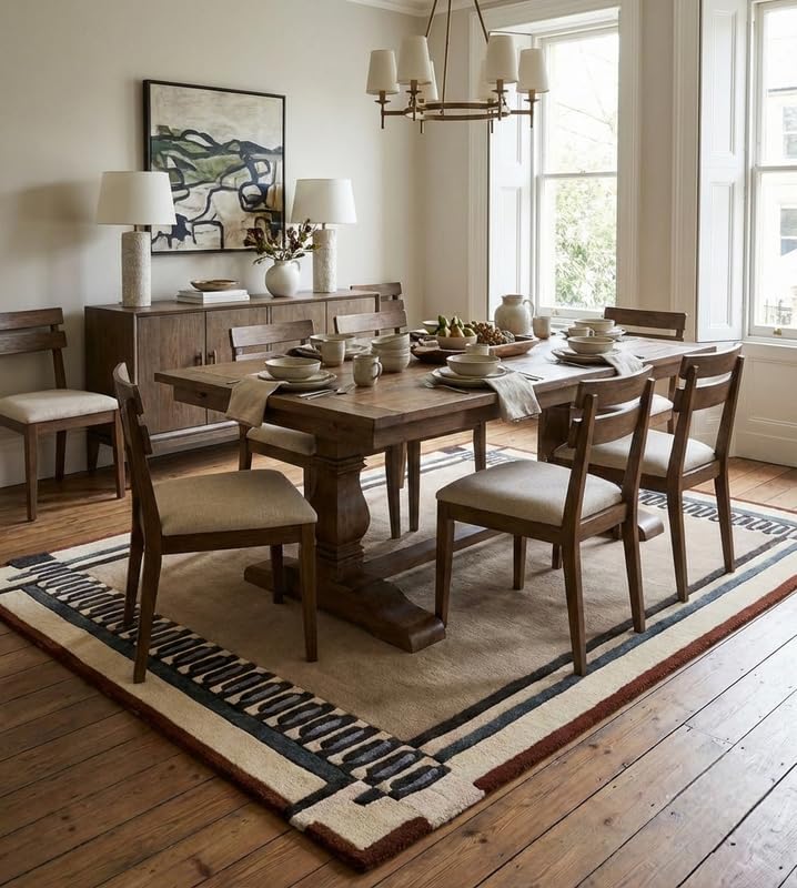 Beige Modern Geometric Area Rug – 110% New Zealand Wool – Handcrafted Contemporary Border Design – Premium Living Room, Bedroom & Office Carpet (Size: 9x12ft)