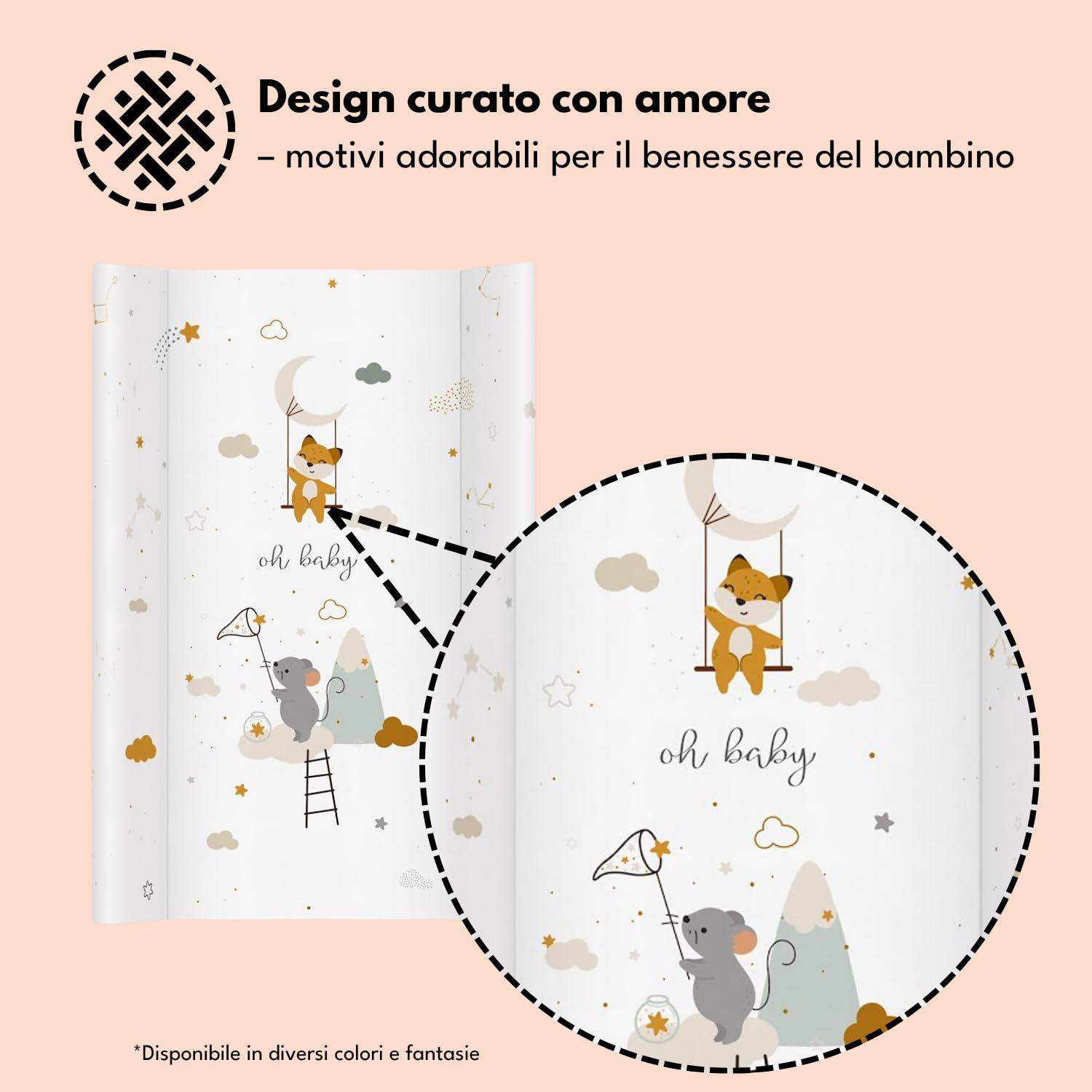 Materassino fasciatoio 70x47 cm, bianco con topolino – lavabile e morbido, bordi sagomati per sicurezza – cuscino fasciatoio per cassettiera – materassino cambio neonato con imbottitura comfort