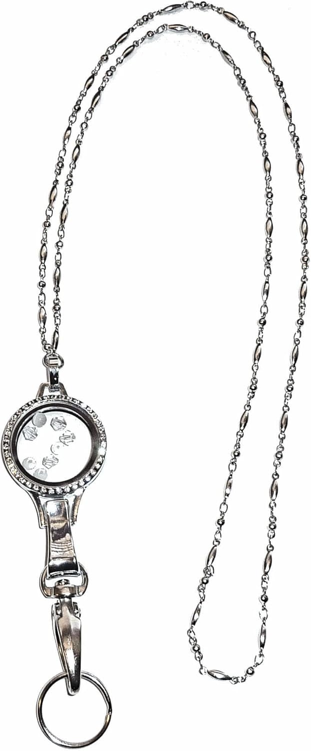 Floating Locket 30mm Lanyard, Women's Fashion Badge Holder 34 Long, Beautiful Decorative Stainless Steel Chain! (White - Non Breakaway (Stronger))