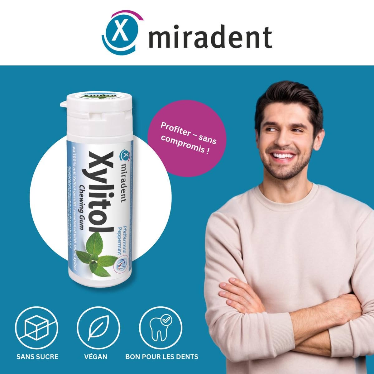 miradent Chewing-gum dentaire au xylitol Menthe poivrée | 12 pcs | goût frais | sans sucre | vegan | préventif caries | pratique à emporter