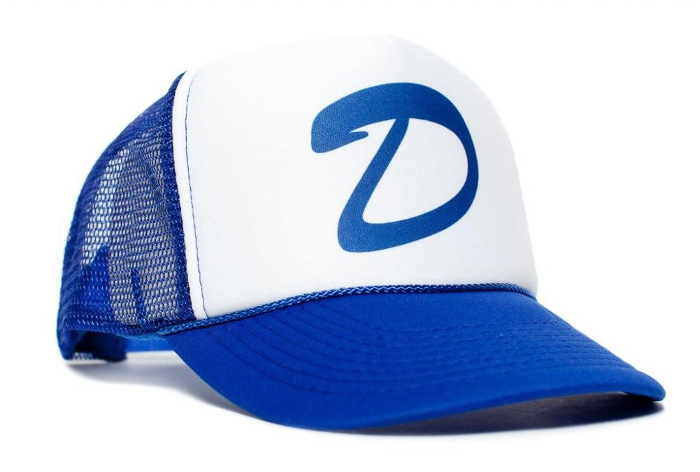 blue and white trucker cap