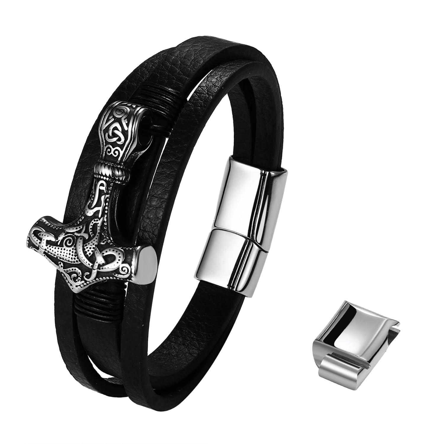 Bracciale da Uomo con Martello di Thor Bracciale in Pelle Intrecciata A Strati Bracciale Amuleto Gioielli con Chiusura Magnetica, Norvegese Vichingo Mjolnir Bangle da Polso,Nero,19.7CM(7.75