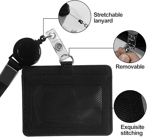 Miniatura 12 de HYCOPROT Soporte para tarjetas de identificación con cordón, retráctil, de piel sintética, vertical, horizontal, para tarjetas de identificación