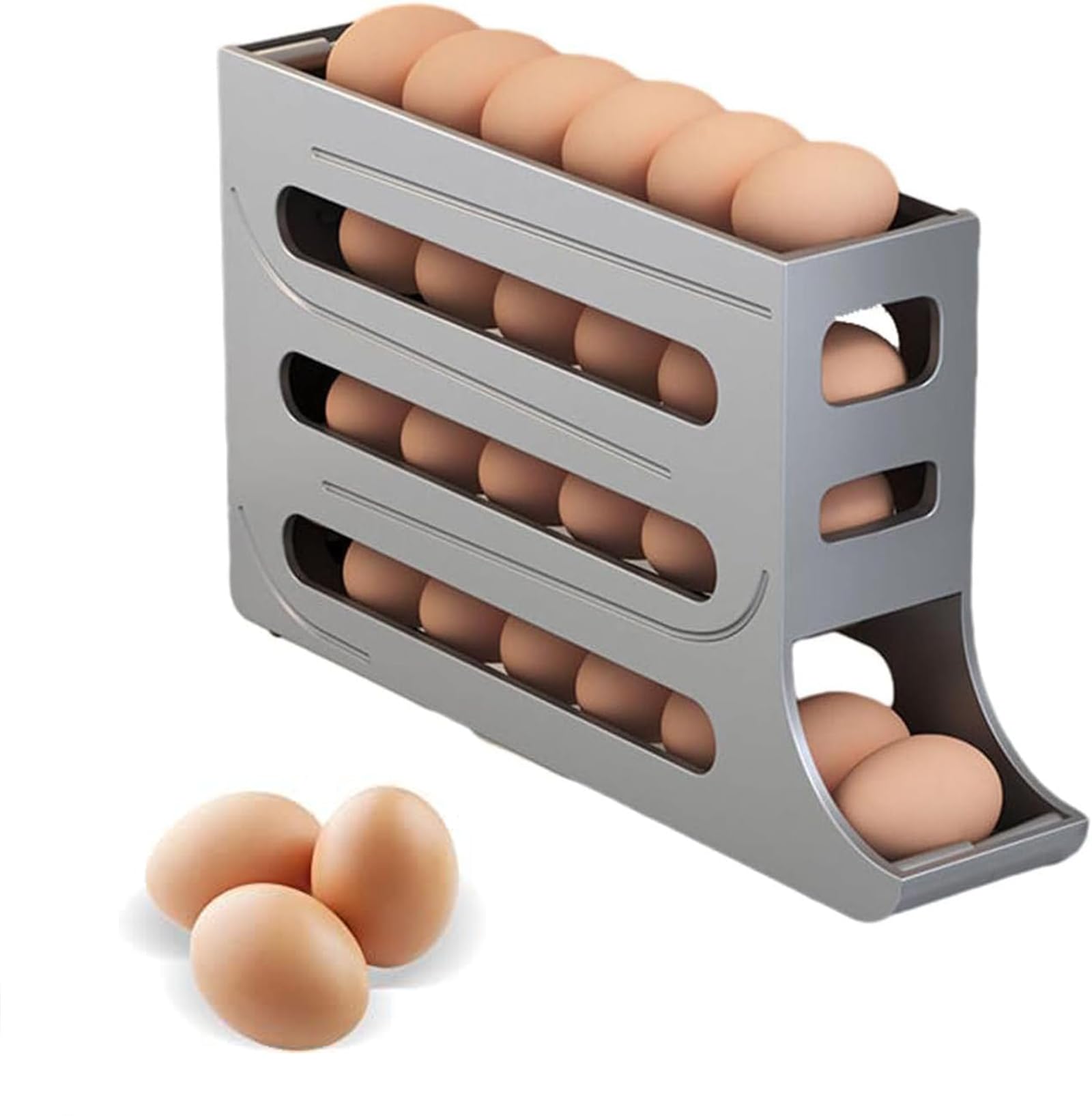 COOLBABY 4-Layer Egg Storage Rack, Auto Rolling Fridge Egg Organizer, 30 Eggs Auto Rolling Egg Dispenser, Space-Saving Egg Holder Rack for Refrigerator Kitchen Cabinet (Grey)