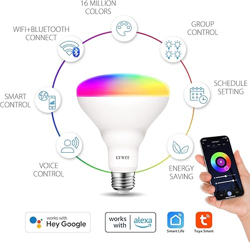Miniatura 4 de LVWIT Bombilla inteligente Wi-Fi Alexa, LED inteligente BR30, funciona con Google Assistant, aplicación Smart Life, aplicación Tuya, equivalente a