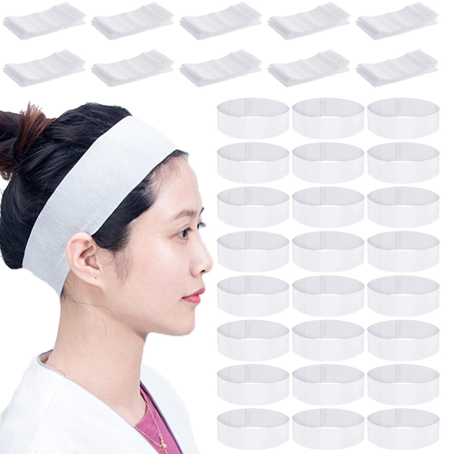 200 Pieces Disposable Spa Facial Headbands Individual Wrapped Elastic Makeup Headband with Adjustable Stretch Non-Woven Soft Skin Care Hair Band with Convenient Closure for Women