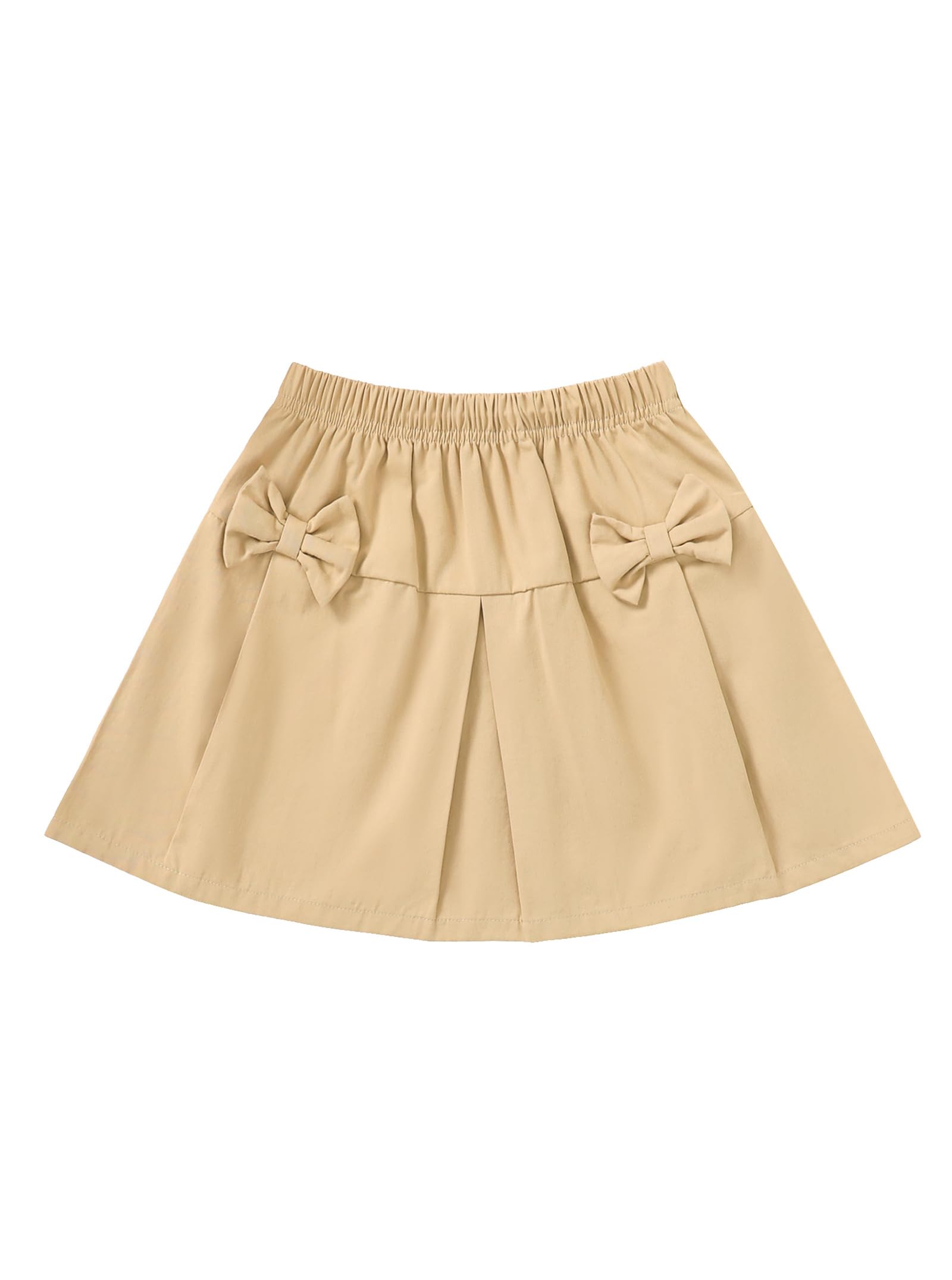 Girls Skirts Casual Bow Tie Elastic High Waist Uniform Flare Pleated Skirts Khaki 11-12 Years