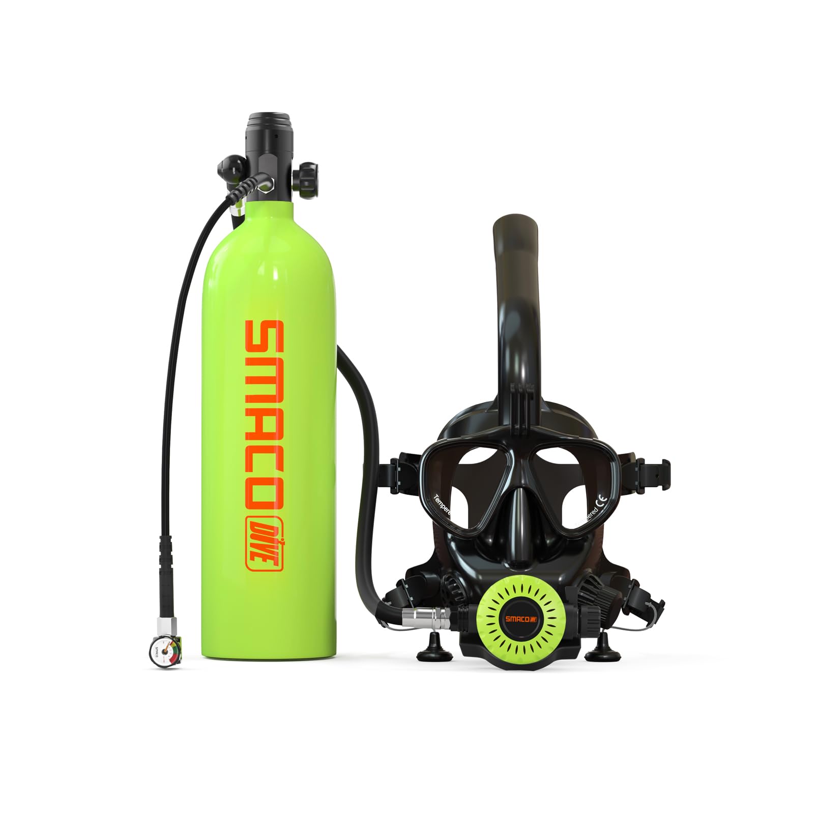 SMACO Mini Scuba Tank with Snorkel Mask 1.9L Portable Small Diving Tank with Sub Mask Reusable Pony Bottle with Full Face Diving Mask Diving Cylinder Kit for Snorkeling Diving S700 Green