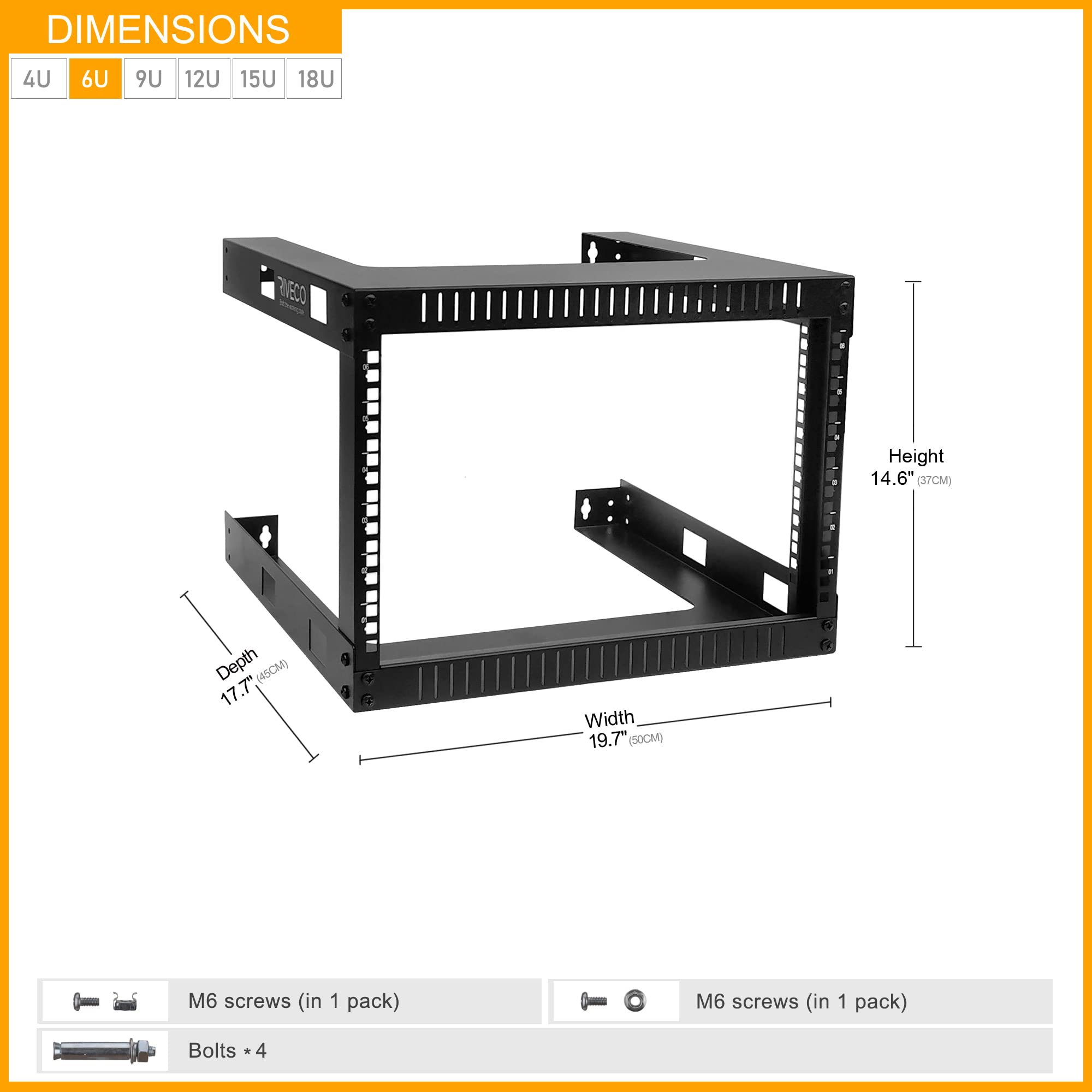 RIVECO 6U - Estante de Red de Montaje en Pared de 19 Pulgadas, gabinete de Marco Abierto de 2 Postes de 17.7 Pulgadas de Profundidad, fácil Montaje, Estante Firme Construido para