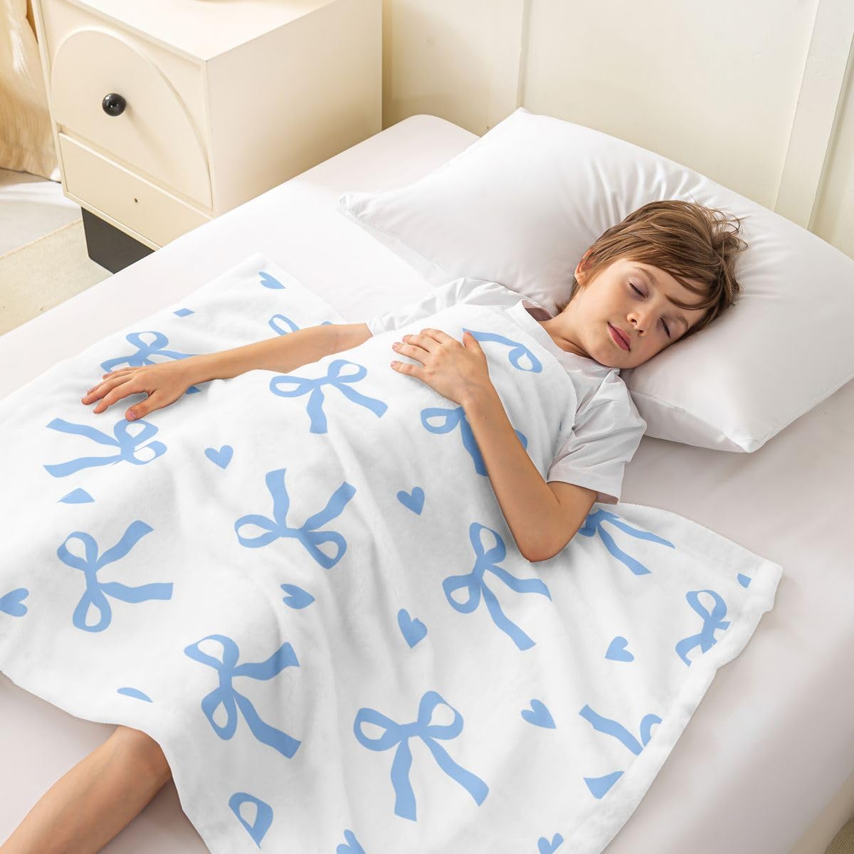 Feelyou Cute Blue Bow Sherpa Blanket Plush Fuzzy Ribbon Bow Knot Fleece Throw Blanket Boys Girls Kawaii for Bed Couch Chair Living Room Princess Bowknot Bedroom Decor Girly Blue Bows Baby 30"x40"