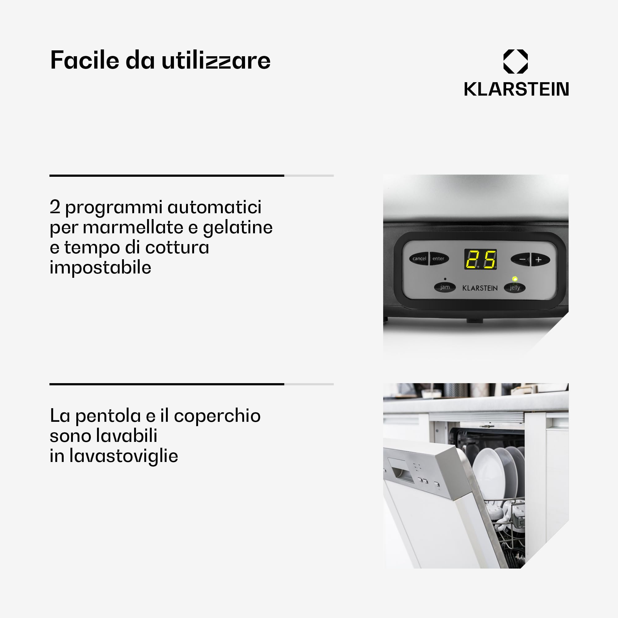 KLARSTEIN Jam Session - Bollitore per Marmellata e Gelatina, 1000W, 2 Programmi Automatici, Tempo di Cottura Regolabile, Pentola interna Rivestita, Lavabile in Lavastoviglie, Volume 3 Litri