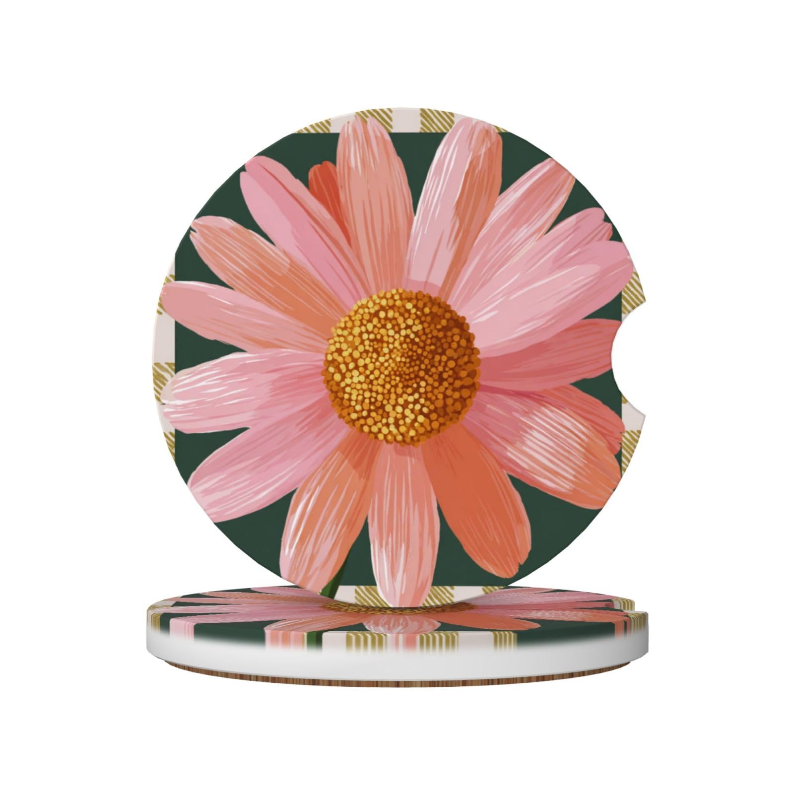 Pink Daisy On Dark Green Framed Ceramic Coasters,2pcs