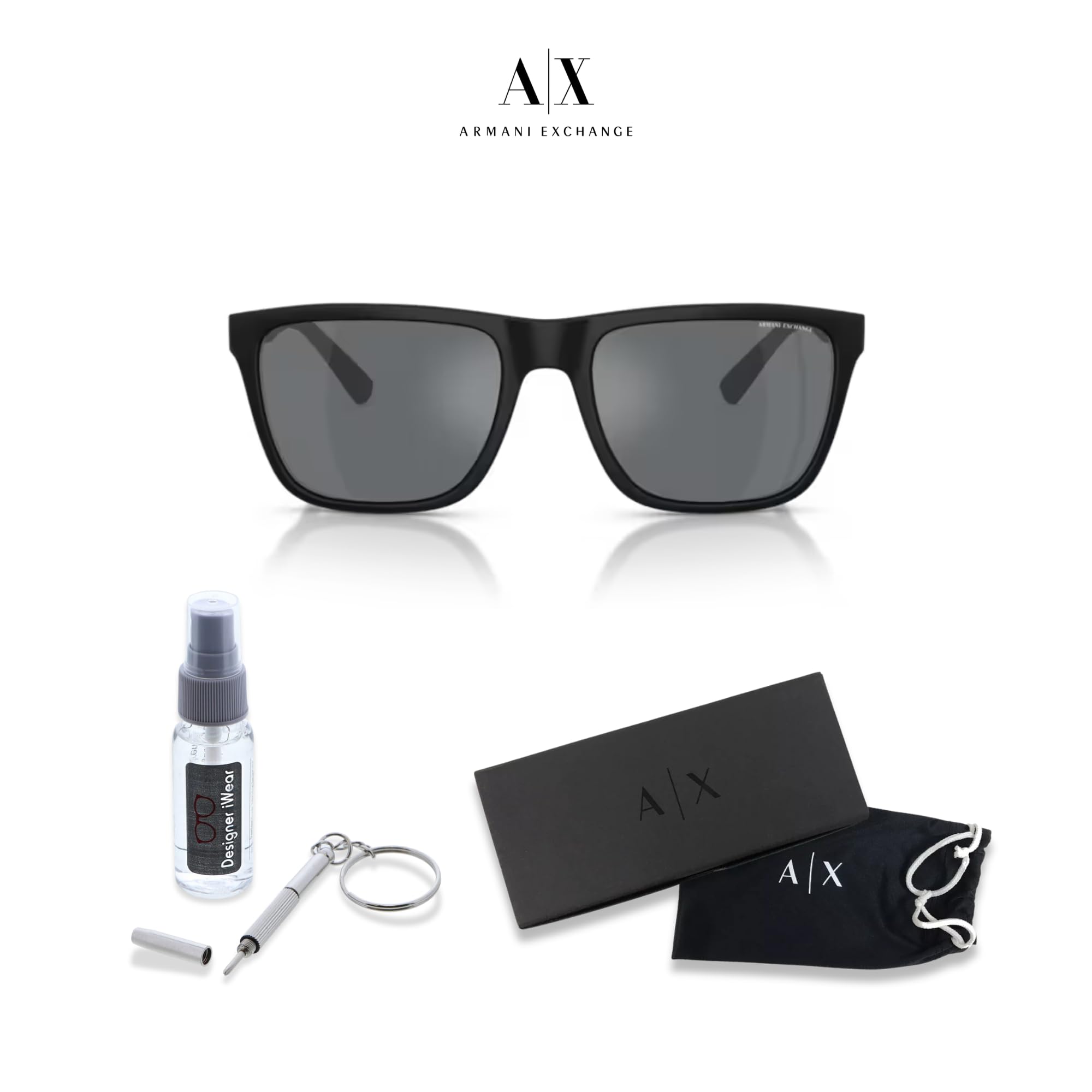 AX4080S - Gafas de sol cuadradas para hombre + paquete con kit de cuidado de gafas de diseñador iWear, Negro mate/gris claro espejo negro 2