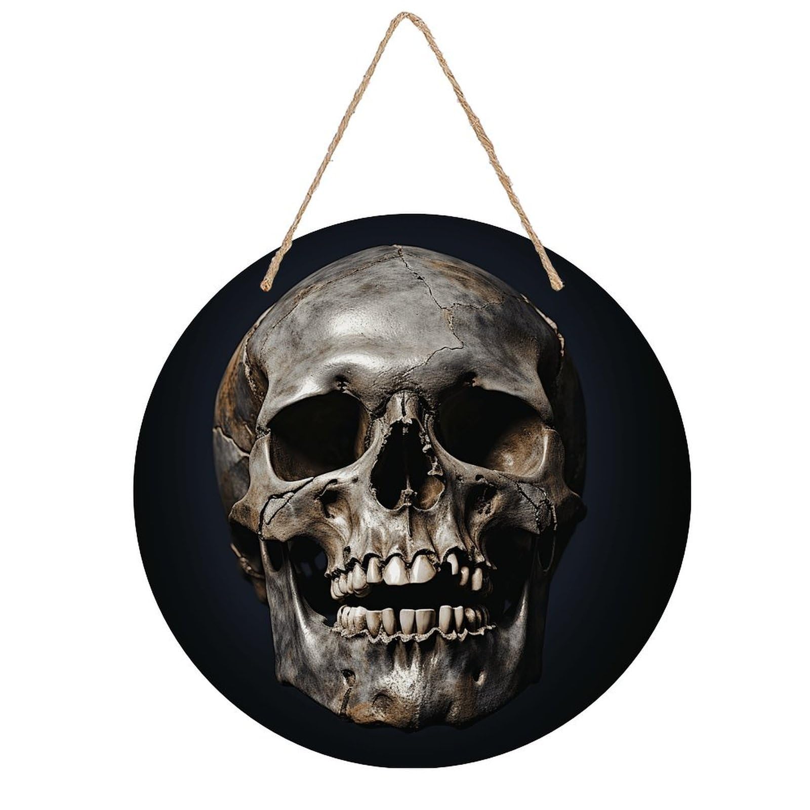 VstaDank Death Skull Wall Decor Round Wood Hanging Sign 7.9x7.9 in Wooden Circle Door Hanger with Ropes, Rustic Wall Art Decor for Home Front Door Indoor Outdoor Decoration