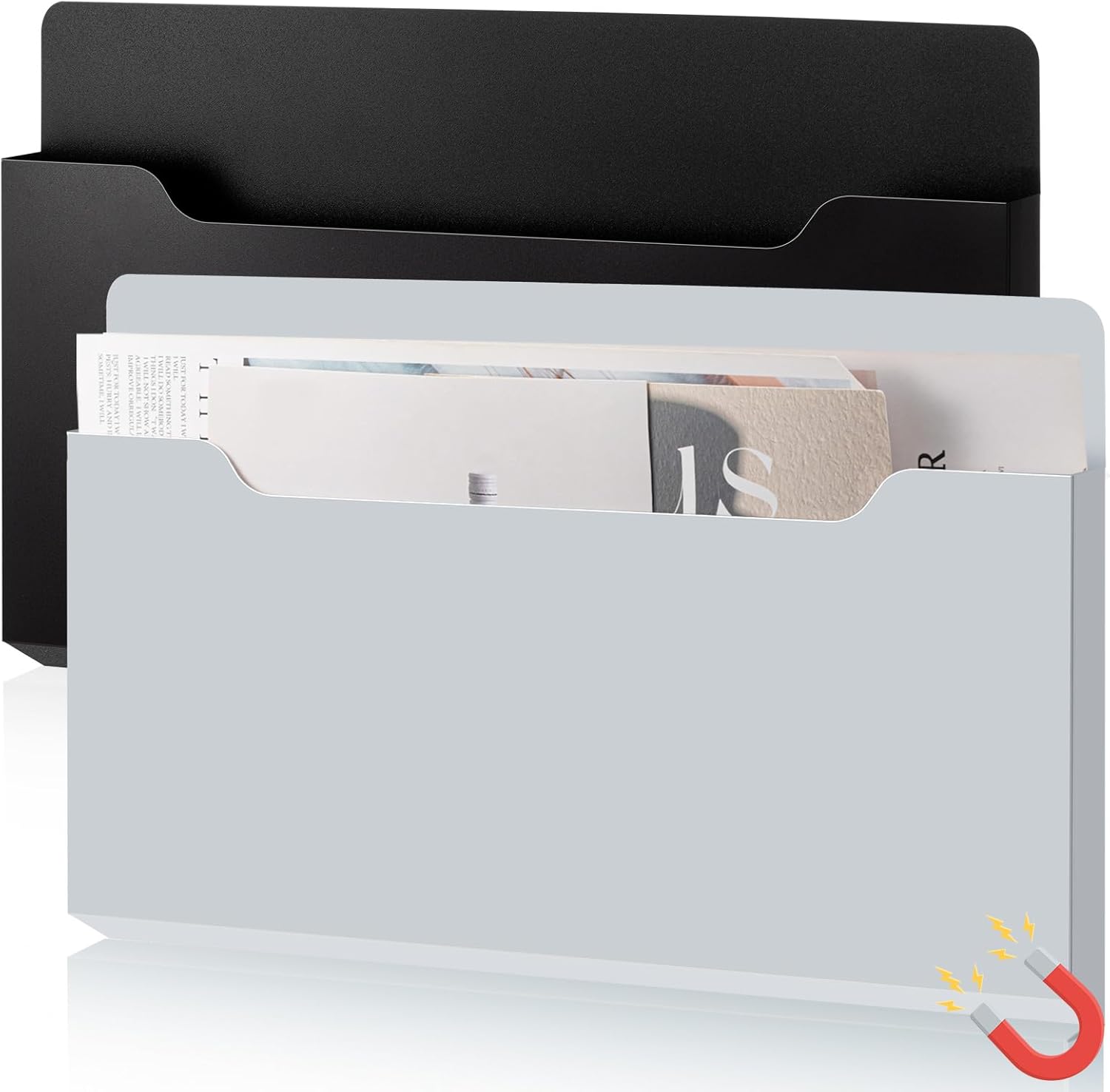 Feifeiya 2 Pcs Magnetic File Folder Wall Hanging Holder Large Pocket Paper Magazine Mail Organizer for Refrigerator Classroom Locker Whiteboard(Horizontal,Black Grey,13.8 x 8.3 Inches)