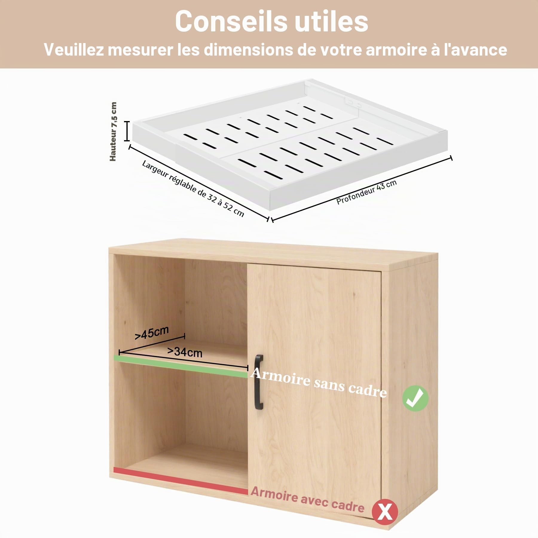 Lot de 2 Tiroir Coulissant Cuisine Adhesif le Rangement Cuisine, Organisateur de Placard Extensible, (32-52cm L x 43cm P x 7,5cm H) Système à 3 Rails, Pas de Perçage ni de Clouage, Blanc