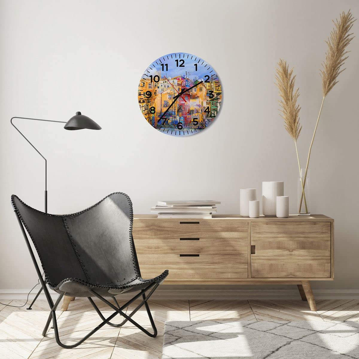 ARTTOR Zegar ścienny na szkle 40x40 cm Nowoczesny stary miasto kamienica dom Cichy zegar na ścianę Sypialnia Kuchnia Deko Dekoracja ścienna Salon Wall Clock Dekor Duży C4AR40x40-3419