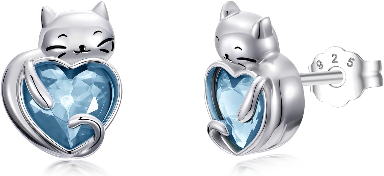 Seiyang 925 Sterling Silver Cat Heart Birthstone Earrings Studs