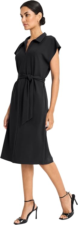 Maggy London Women's Midi Length Cap Sleeve Shirt Pockets-Self Tie Belt-Business Casual Work Dress Night