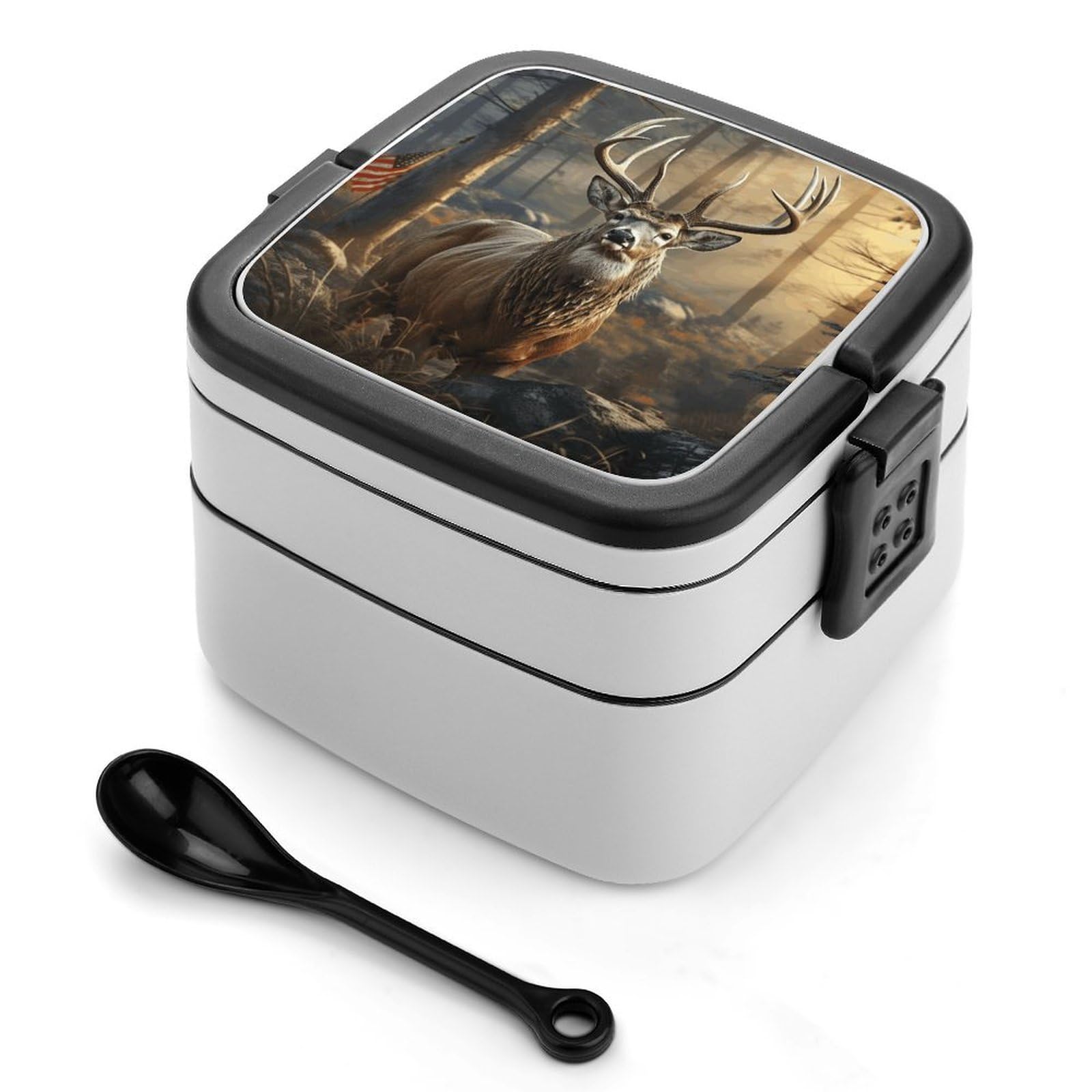 FekiLoot Deer Hunting Season Bento Box Adult Lunch Box Sealed Bento Lunch Boxes with Spoon Sturdy Double Layer Bento Boxes Snap-on Design Leak Proof Lunch Containers Ideal for Work