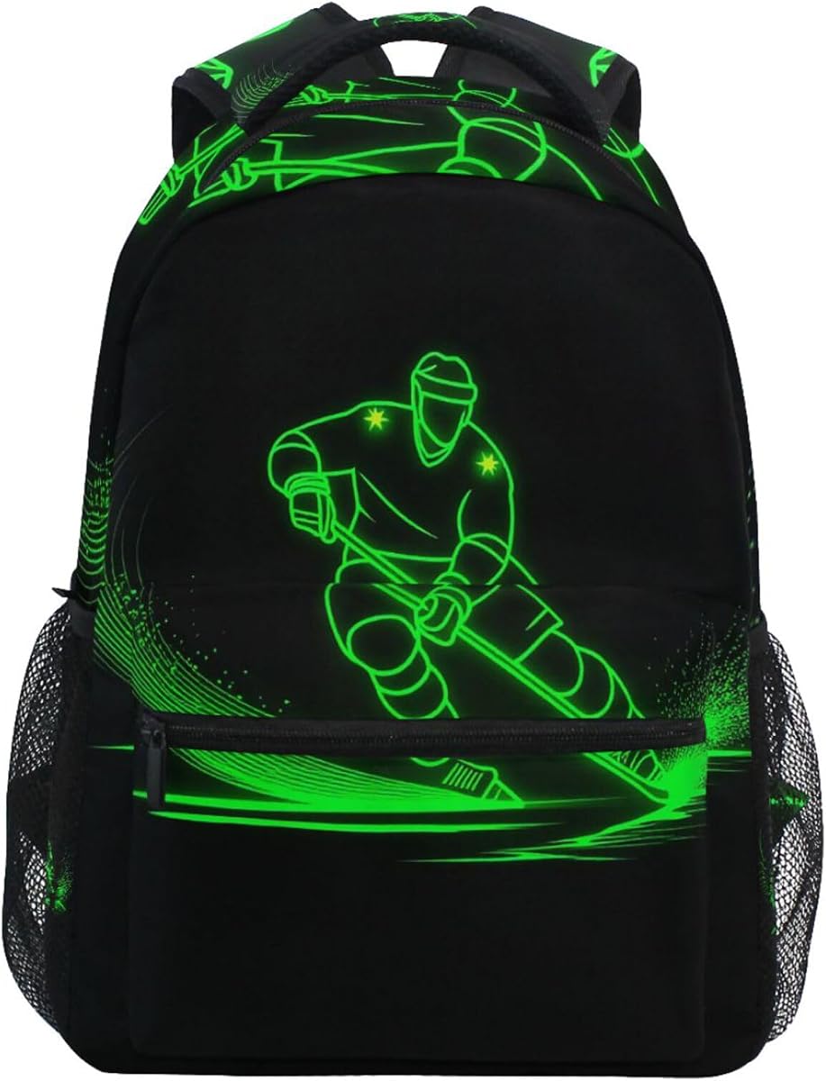Pfrewn Kids Hockey Player Backpacks for Girls Boys Green Neon Hockey Sport Backpack for Students School 16"