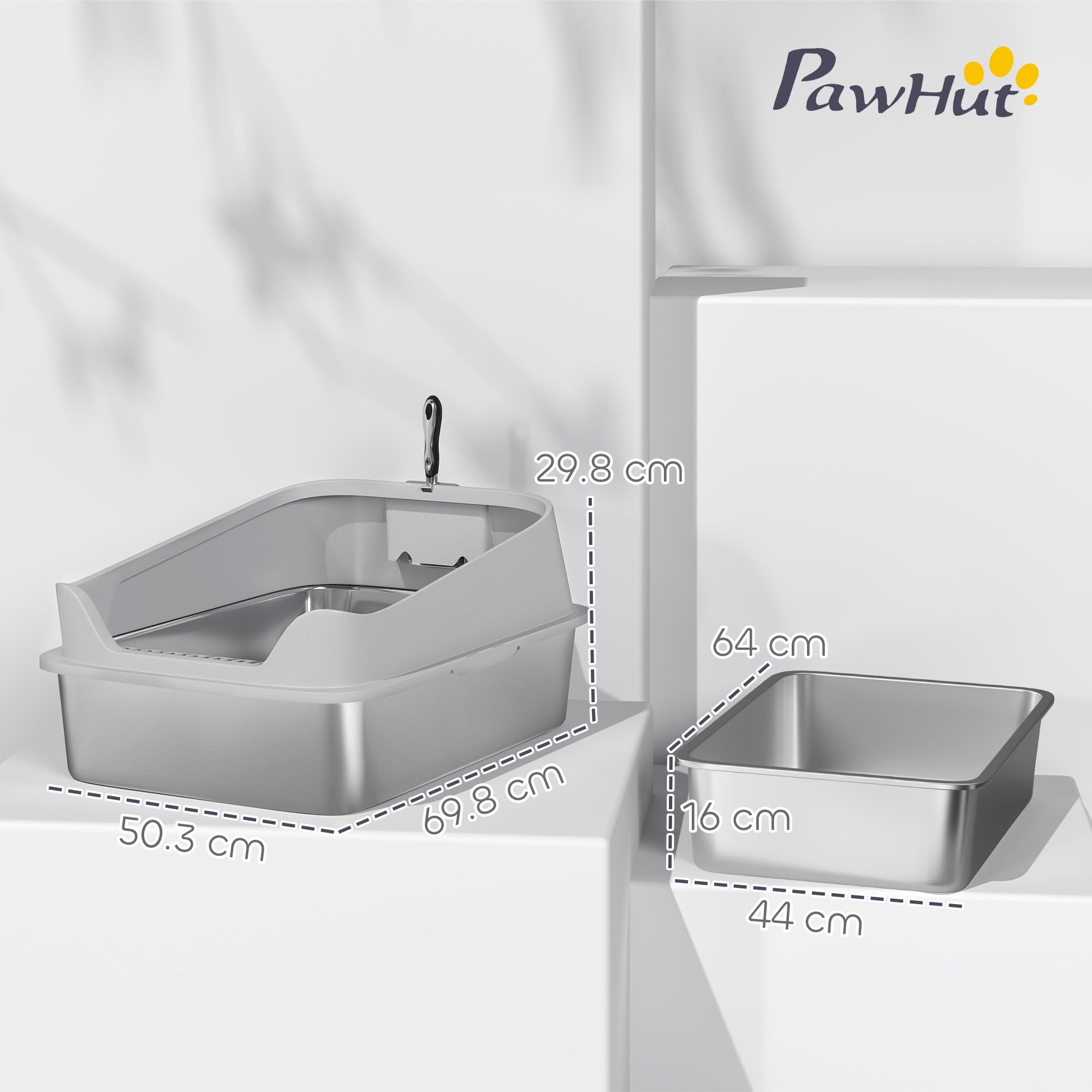 PawHut Lettiera per Gatti XXL in Acciaio Inox, Fino a 12 kg, Grigio