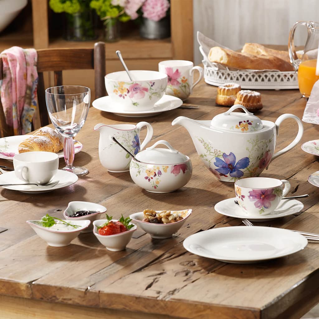 Villeroy und Boch Mariefleur Gris Basic Teekanne, stilvolle Kanne mit filigranem Blumendekor aus Premium Porzellan, spülmaschinenfest, 1.2 L