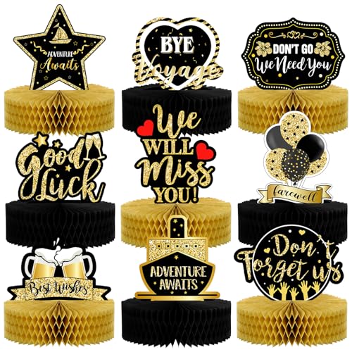 9 Pcs Farewell Party Decorations Going Away Party Decorations We Will Miss You Table Honeycomb Centerpieces Black and Gold 3D Table Centerpiece for Retirement Graduation Supplies
