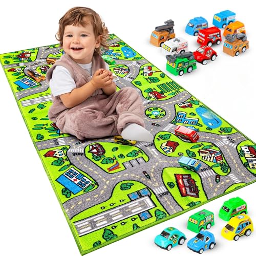 Kids Rug Carpet Playmat, w/14 Pull Back Cars Included -