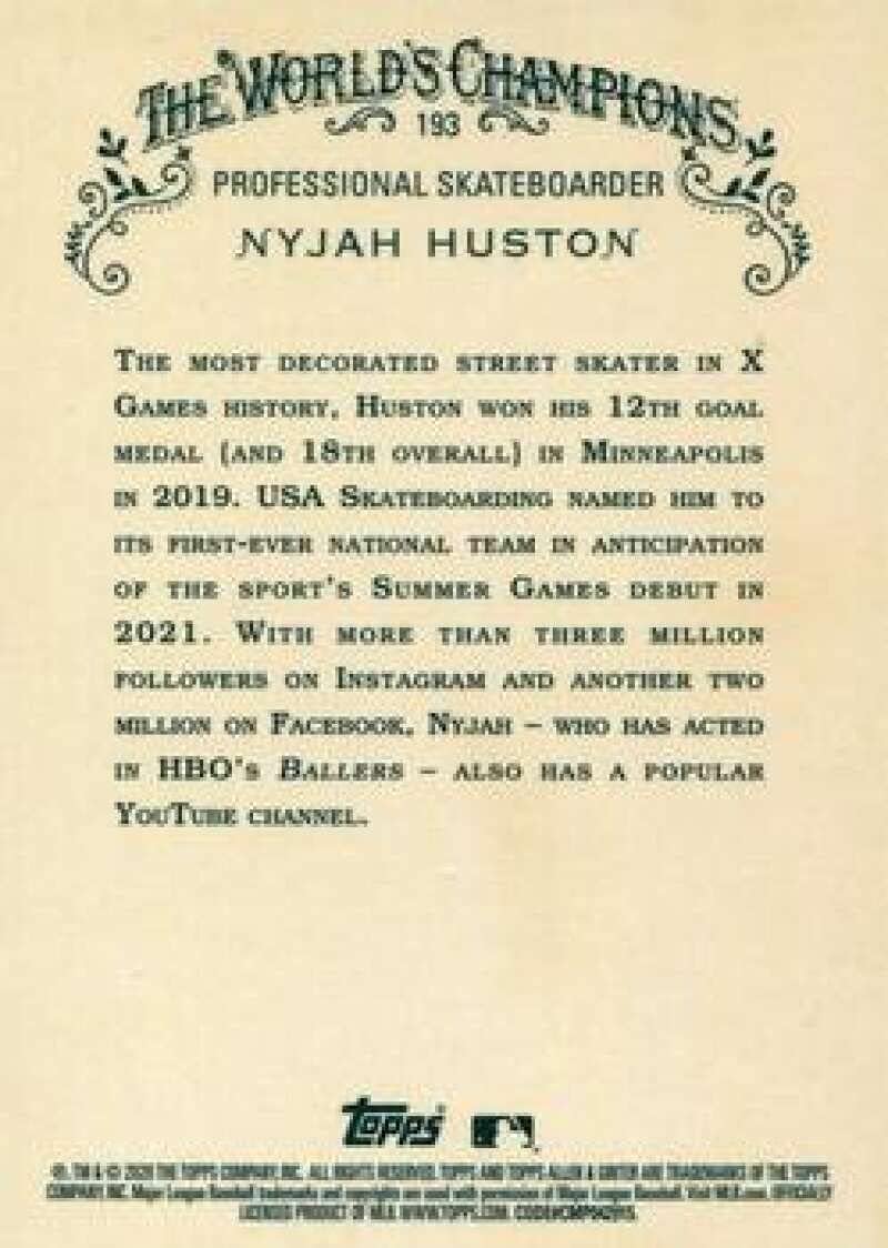 2020 Topps Allen and Ginter Chrome Baseball #193 Nyjah Huston Professional Skateboarder Official MLB Trading Card (Stock Photo Used, straight from pack NM-MT guaranteed)