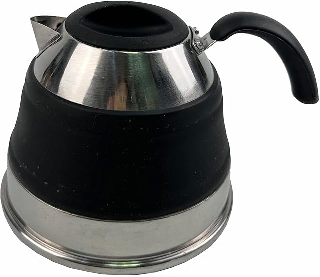 Collapsible 1.5L Silicone Kettle - Camping Waterpot, Travel Kettle, Foldable Kettles for Boiling Water. Small Portable Silicone Tea Kettle, Outdoor Camp Pot (Black)