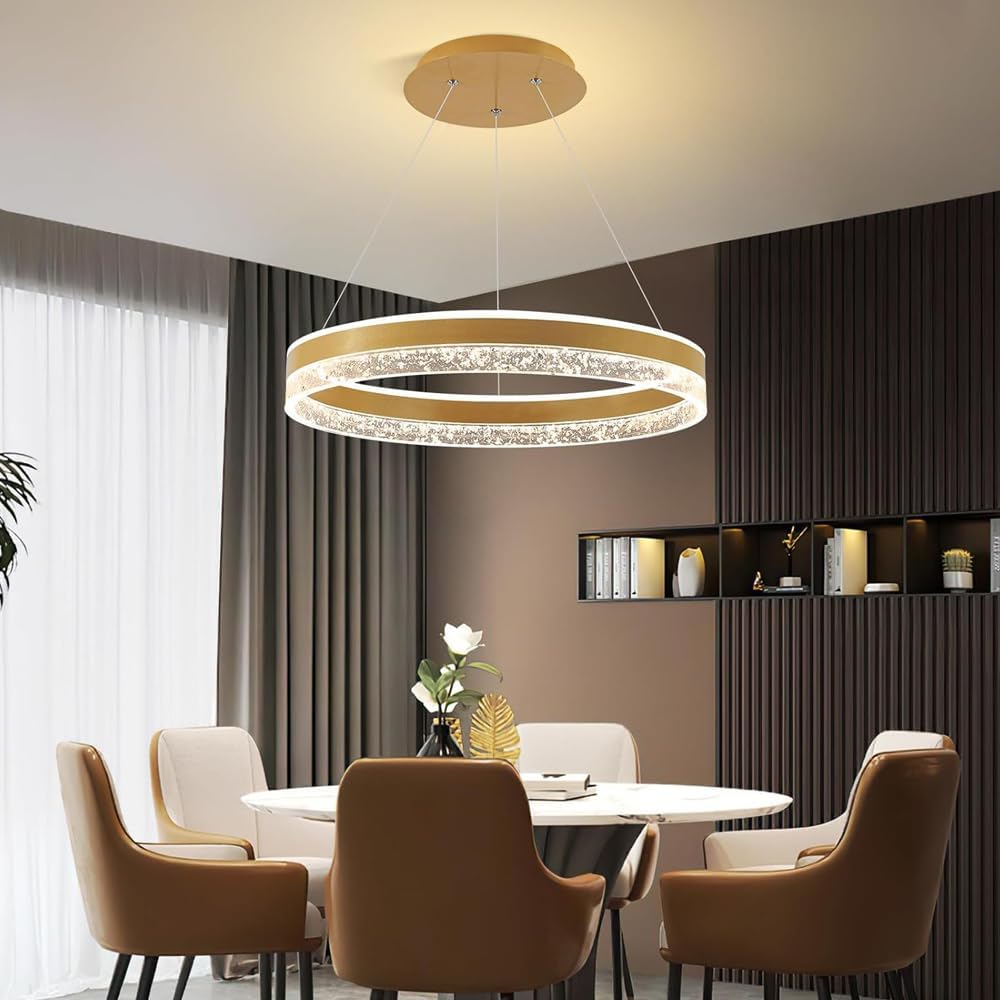 Modern Gold Round LED Pendant Light 19.7" | 120W Adjustable Brightness Ring Chandelier | Dimmable Indoor Lighting Fixture for Bedroom, Living Room, Hotel,Bar & Dining Room Decoration
