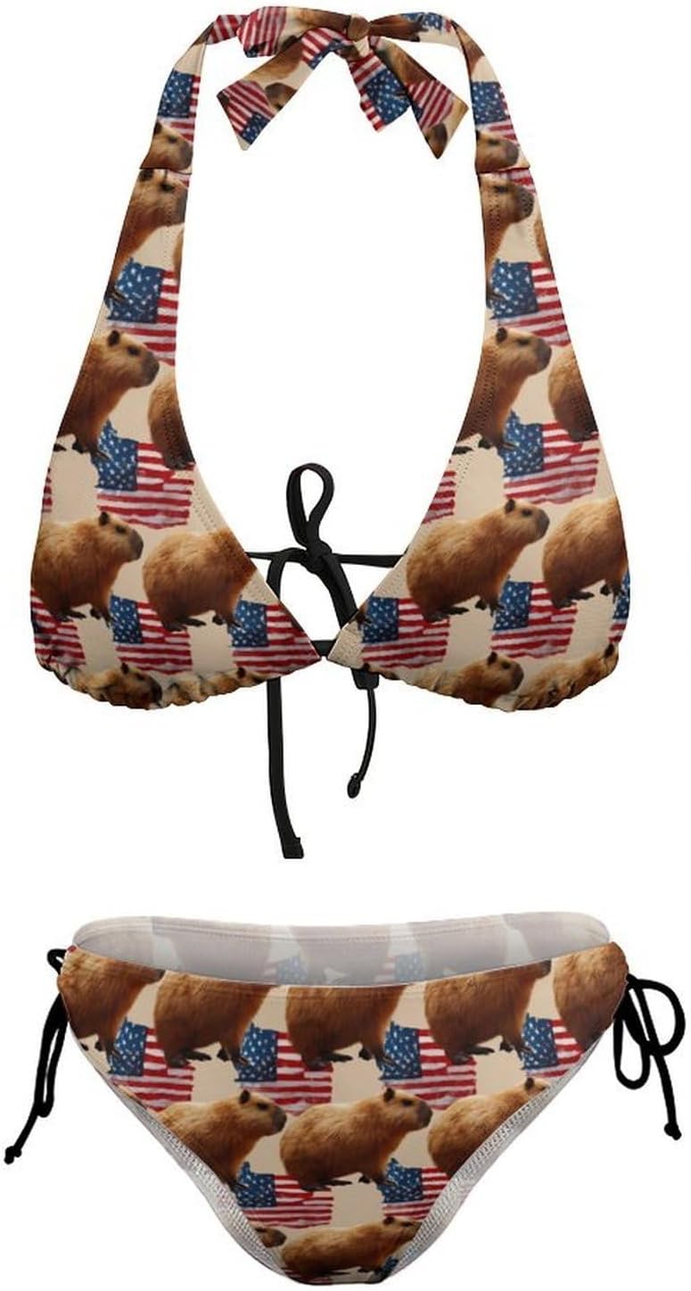 Capybara U.S. Flag Novelty Women's 2 Piece String Bikini Set Swimsuits Bathing Suit Swimwear