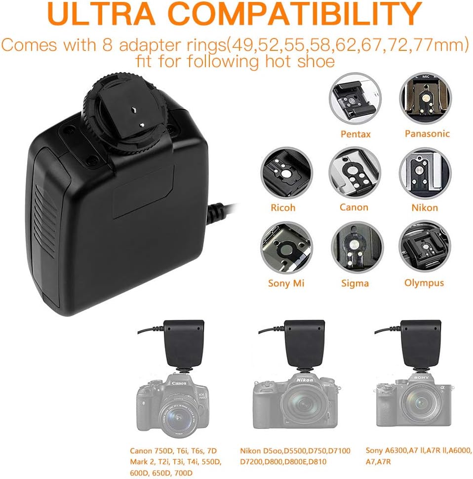 Compatibility of Travor Ring Flash with various camera hot shoes and lens sizes