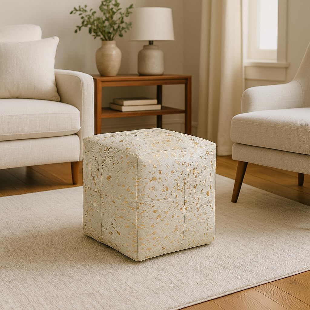 Unstuffed Premium Hair-on Leather Ottoman Pouf Cover, Boho Handmade Genuine Cowhide Square Footstool, Modern Cube Ottoman Footrest for Home Decor Living Room, Bedroom - 18X18 Inch, Tan & White