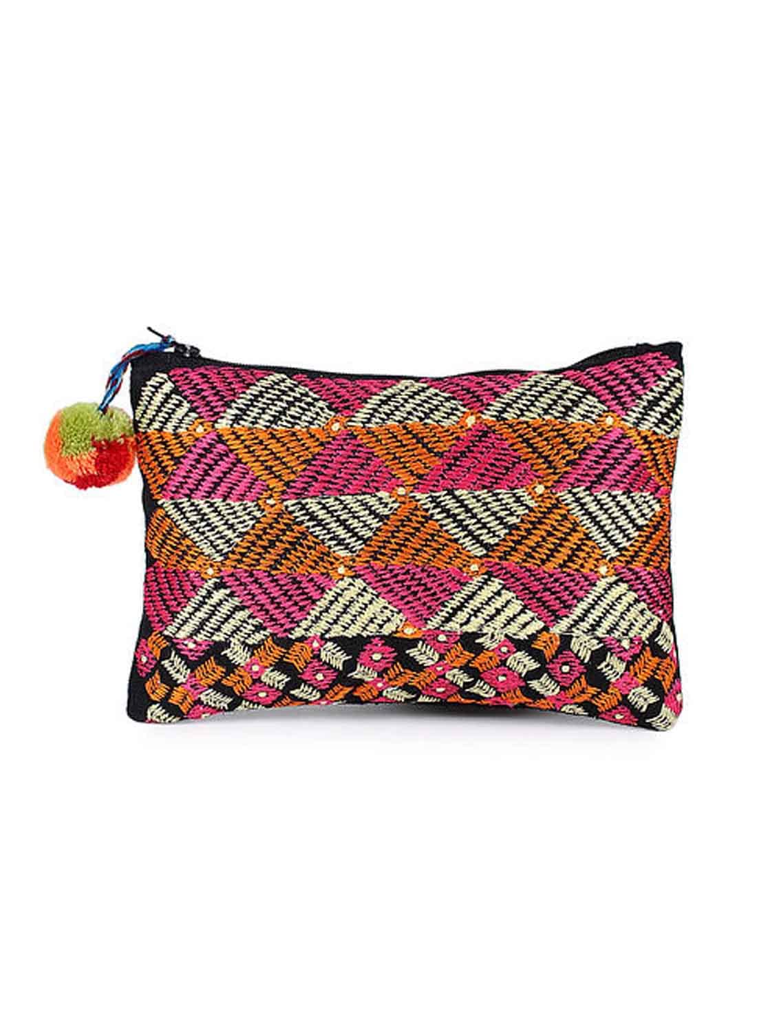 INIHOM Casement Base All Over Phulkari Embroidered With Pom Pom Attached Cotton Pouch For Women