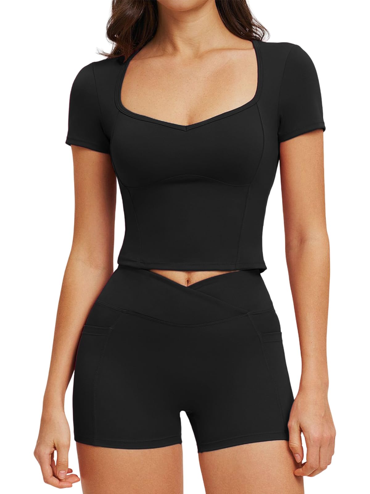 Ecupper Damen Yoga Workout 2-teiliges Set Kurzarm Sportanzug | Damen Workout 2-teiliges Set mit Herzausschnitt und Pads, mit Seitentaschen & gekreuztem Taillenbund, Fitness Outfit Gym Set