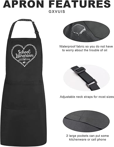 Miniatura 4 de Delantal de bibliotecario escolar para mujer con 2 bolsillos, estampado de corazón, impermeable, ajustable, delantal para cocina, barbacoa