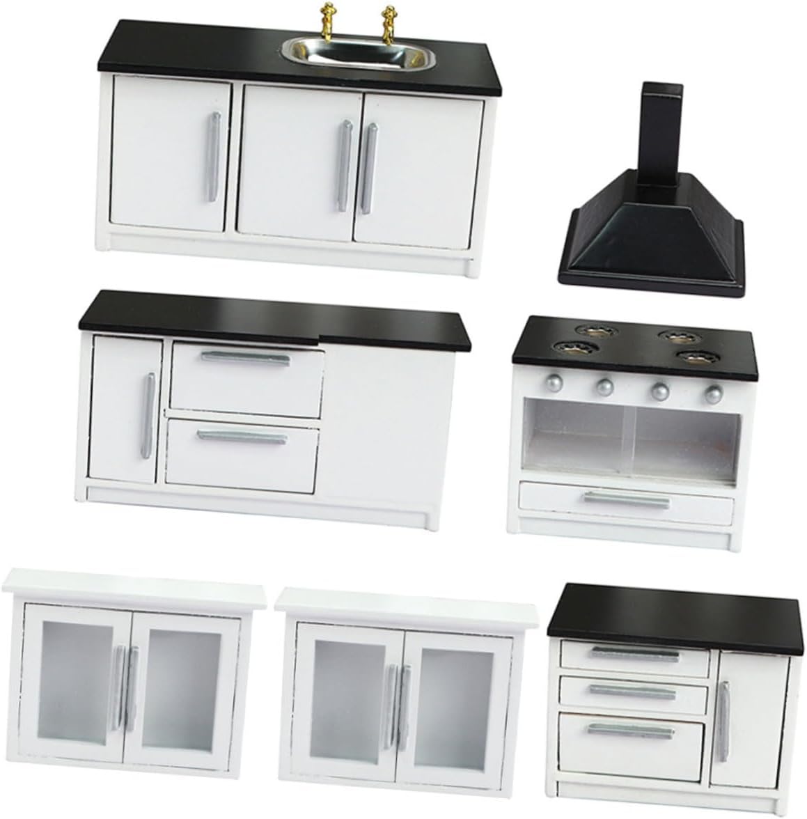 12 Mini Wooden Doll House Kitchen Set, White Miniature Kitchenette Furniture with Gas Stove and Hanging Cabinet for Dollhouse Decoration and Play