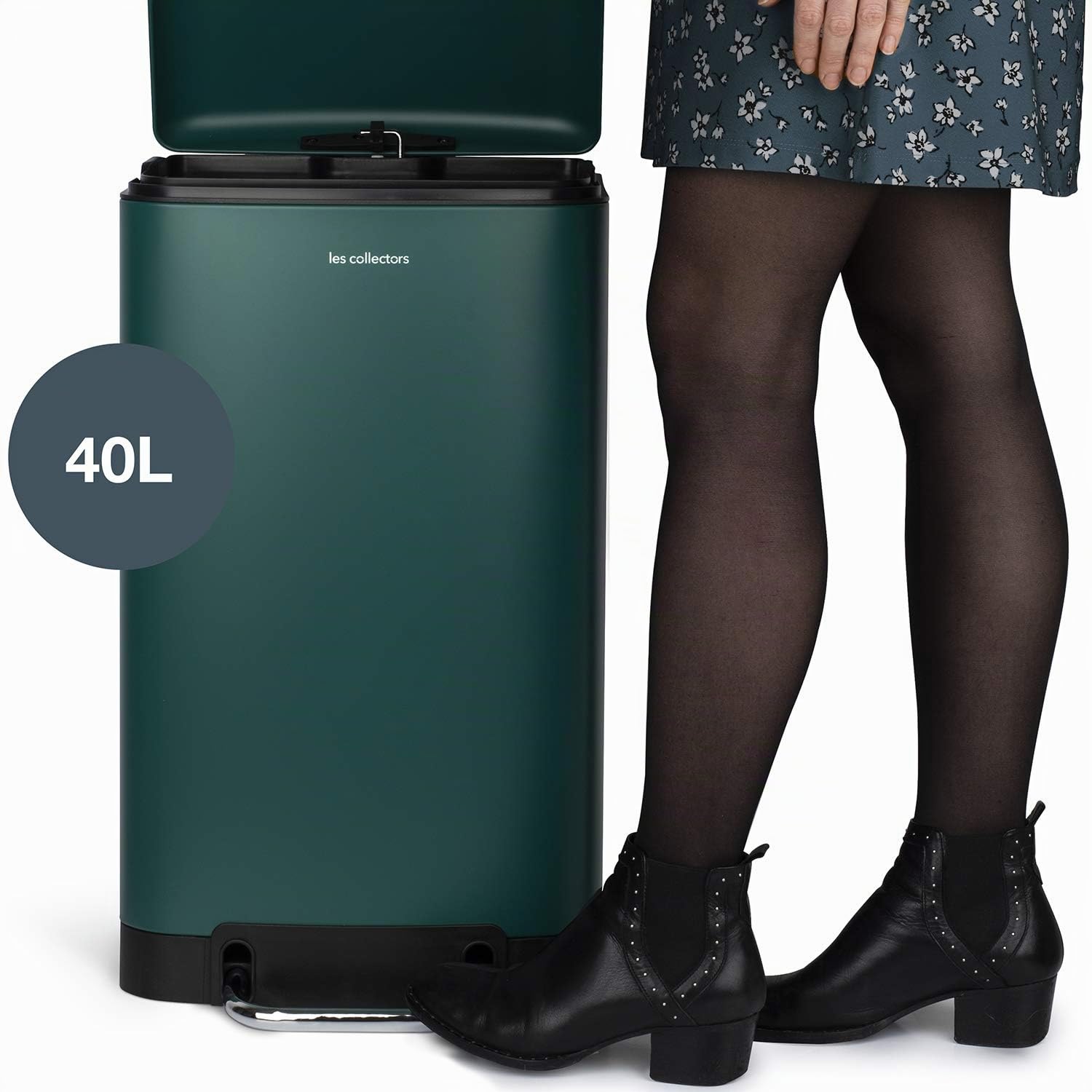 Les Collectors – Cubo de cocina a pedal Nº863, Acero inoxidable, capacidad 40L, Compatible con bolsas de 50 L, Compacto y práctico, cierre silencioso, Cubo interior extraíble, Acabado mate, Verde