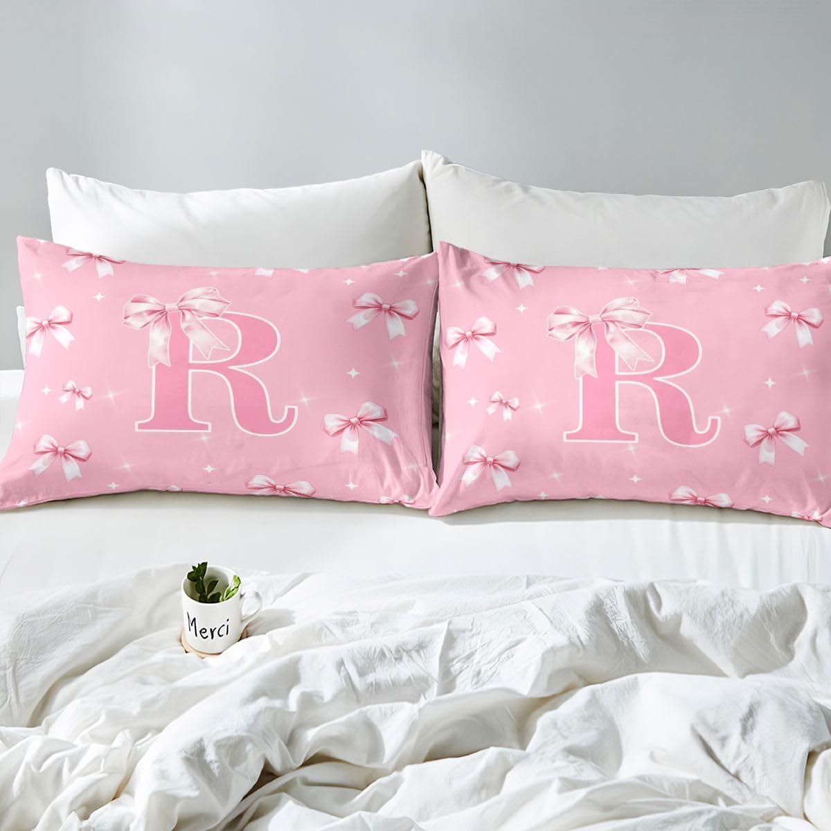 Erosebridal Monogram Letter R Fitted Sheet Initial Princess Bowknot Bed Sheets Full Pink Bow Aesthetic Bedding Set for Women Lady Fantasy Fairy Tales Bed Cover 3 Pcs