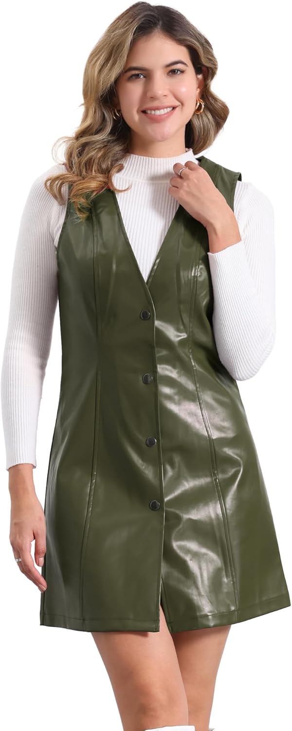 Allegra K Faux Leather Dress for Women's Pinafore Button Down V Neck Sleeveless Mini Overall Dresses
