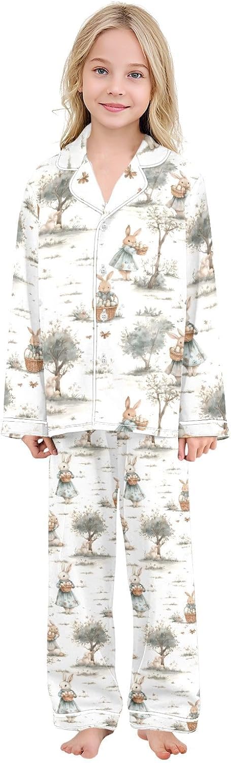 senya Watercolor Cute Bunnies 1 Satin Pajama Sets Long Sleeves Nightwear Button Down Sleepwear