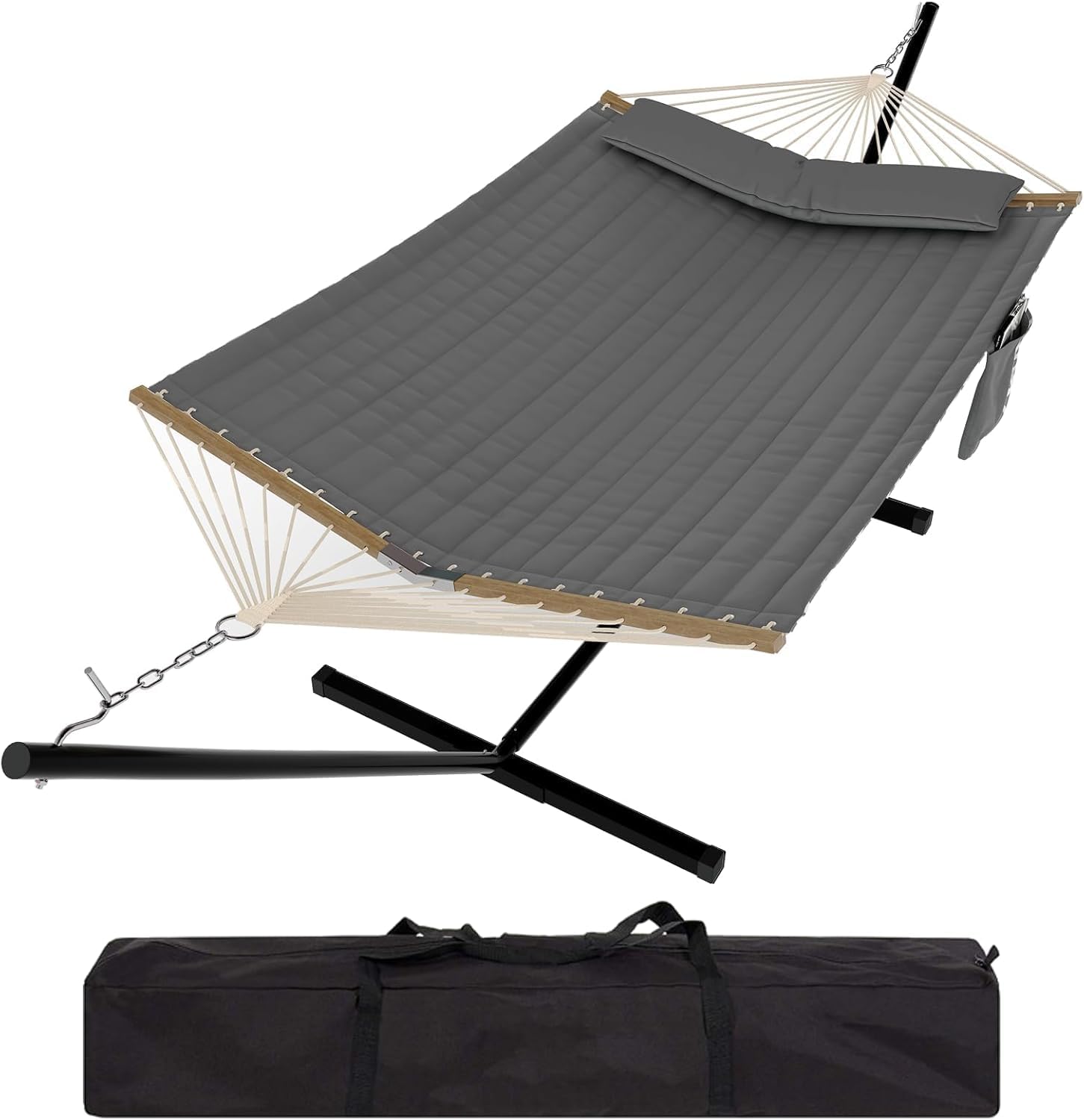 GarveeMore Double Hammock with Steel Stand – 2 Person, 12FT, Quilted Weather-Resistant Polyester, 450LB Capacity, Comfortable V-Shaped Spreader Bar, Portable for Patio, Garden, Backyard
