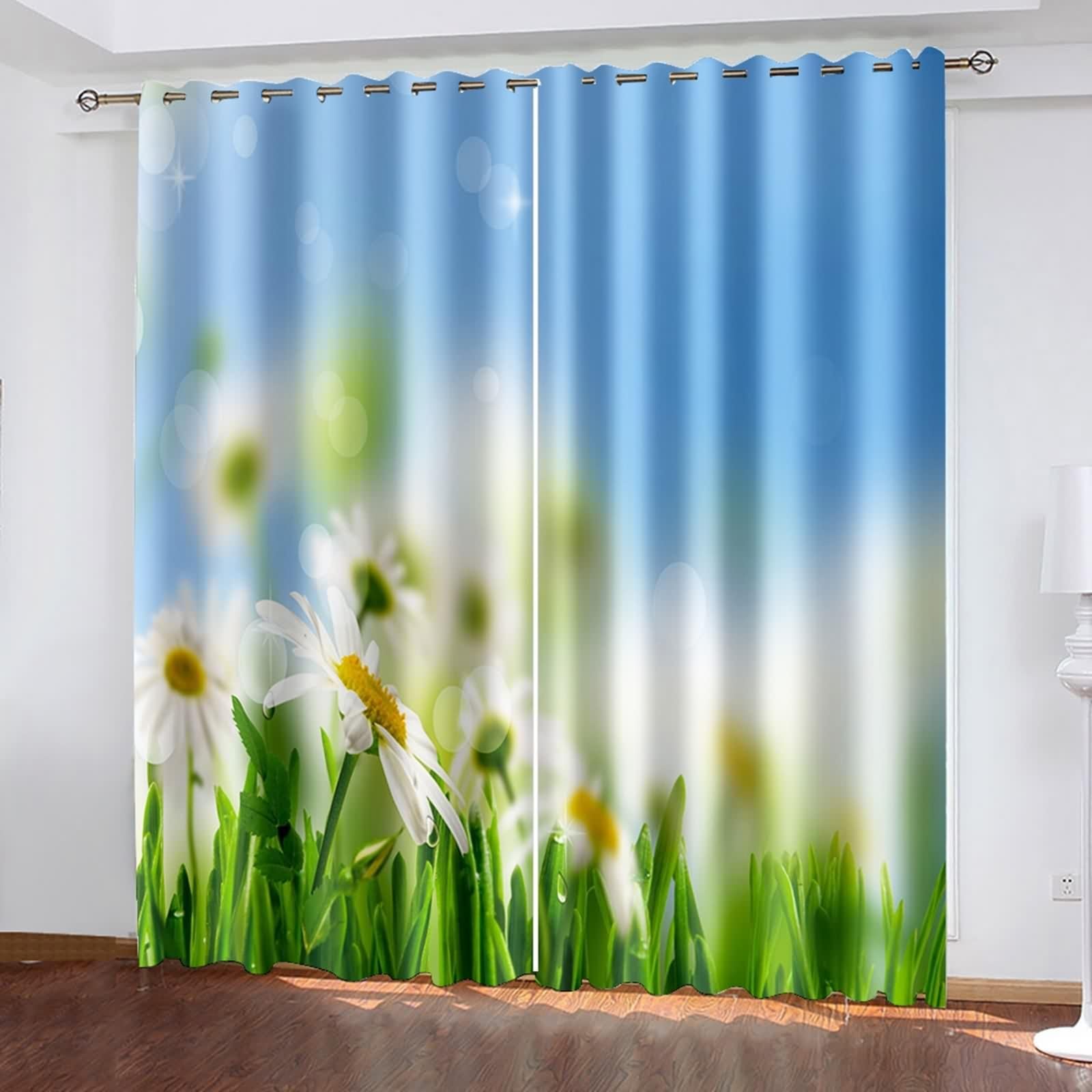 Polyester Vorhänge, Vorhänge Elegant Blau Weiß Grün Blauer Himmel und Gänseblümchen Gardine 2er Set B 234 x H 244 cm
